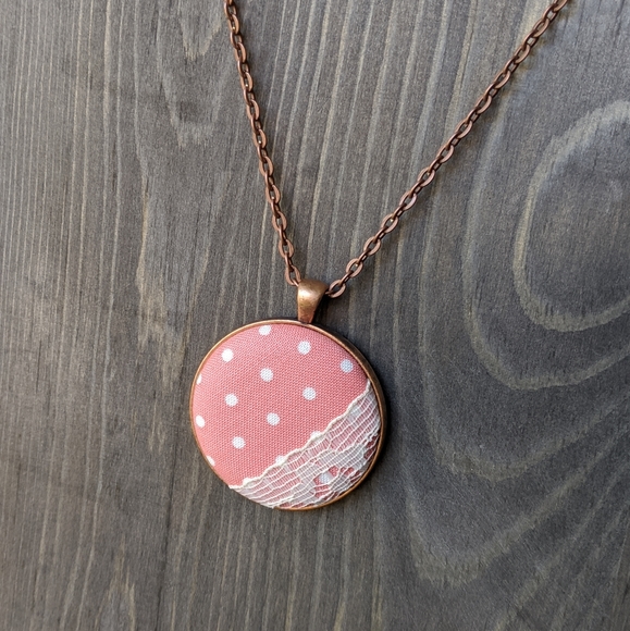 Lace & Fabric Cabochon Necklace with Vintage Pink & White Polka Dot Fabric - Picture 3 of 3